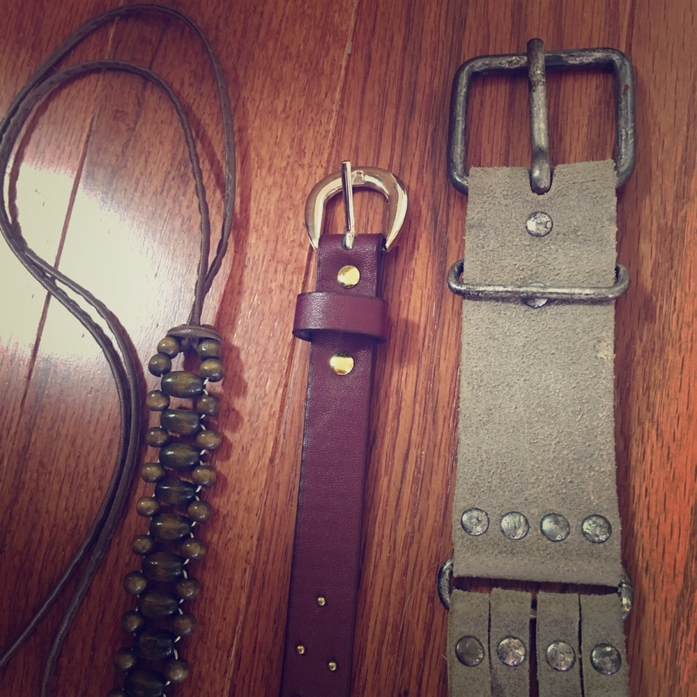 3 belts, suede, beads, etc
